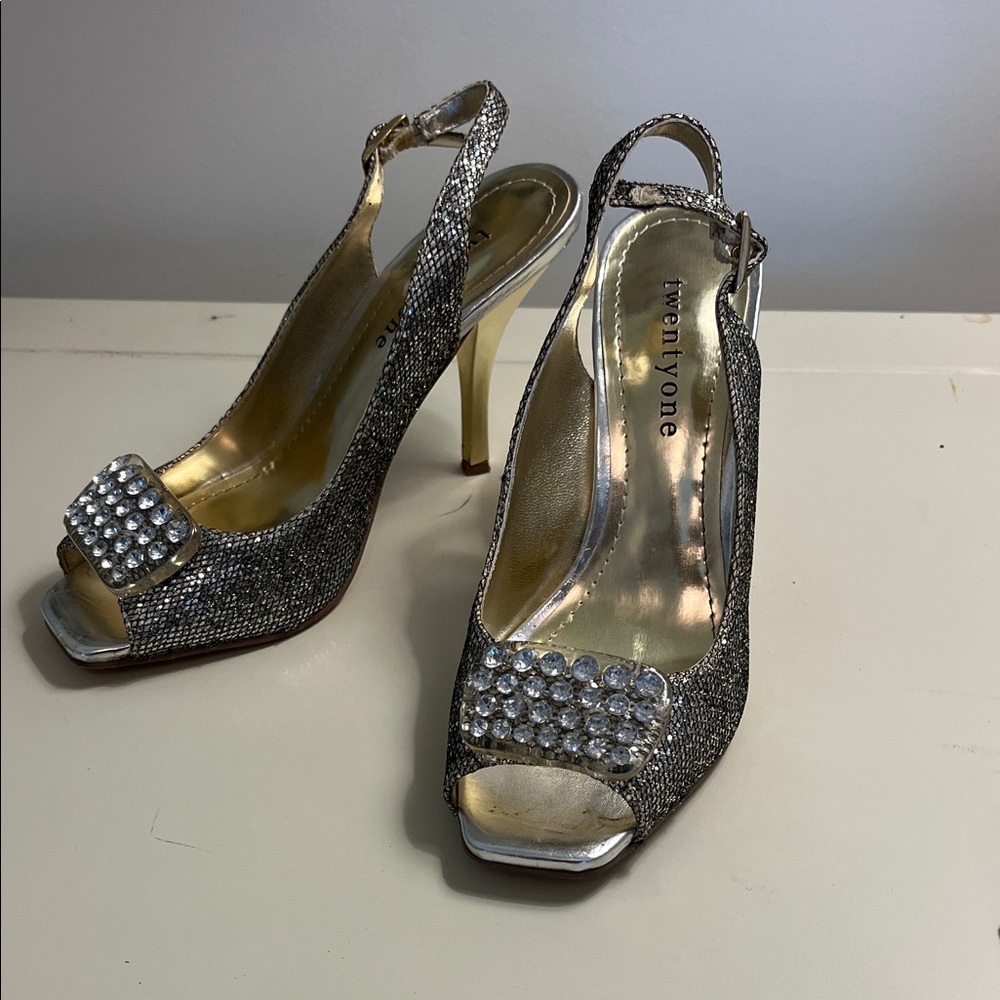 Forever 21 Glittering Silver Slingback Heels